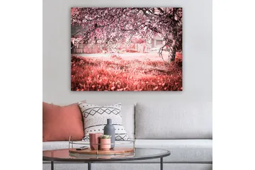 Lerretsbilde 70x100 cm - Et blomstrende kirsebærtre i romantiske og drømmeaktige omgivelser - Rosa / Grå - Interiør - Maleri & posters - Lerretsbilder