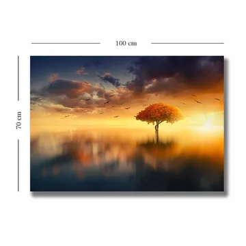 Lerretsbilde 70x100 cm - Et ensomt tre med en strålende oransje krone i et drømmeaktig landskap med solnedgang - Oransje / Blå / Gull - Interiør - Maleri & posters - Lerretsbilder