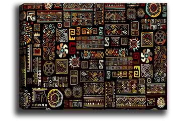Lerretsbilde 70x100 cm - Et fargerikt geometrisk mønster med symbolske elementer - Svart / Rød / Gul - Interiør - Maleri & posters - Lerretsbilder