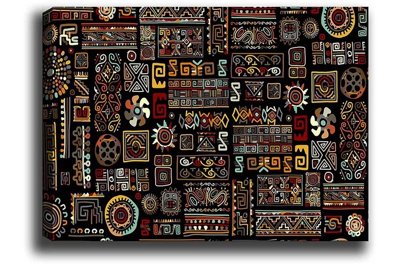 Lerretsbilde 70x100 cm - Et fargerikt geometrisk mønster med symbolske elementer - Svart / Rød / Gul - Interiør - Maleri & posters - Lerretsbilder