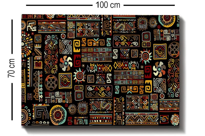 Lerretsbilde 70x100 cm - Et fargerikt geometrisk mønster med symbolske elementer - Svart / Rød / Gul - Interiør - Maleri & posters - Lerretsbilder