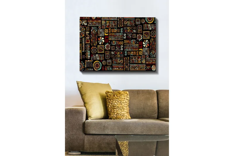 Lerretsbilde 70x100 cm - Et fargerikt geometrisk mønster med symbolske elementer, Svart / Rød / Gul