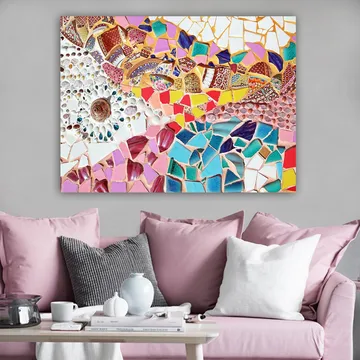 Lerretsbilde 70x100 cm - Et fargerikt mosaikkverk med skjell og geometriske former som skaper en levende komposisjon - Rosa / Blå / Gull - Interiør - Maleri & posters - Lerretsbilder