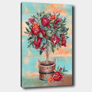 Lerretsbilde 70x100 cm - Et frukttre med granatepler og blomster i en trepotte - Rød / Grønn / Brun - Interiør - Maleri & posters - Lerretsbilder