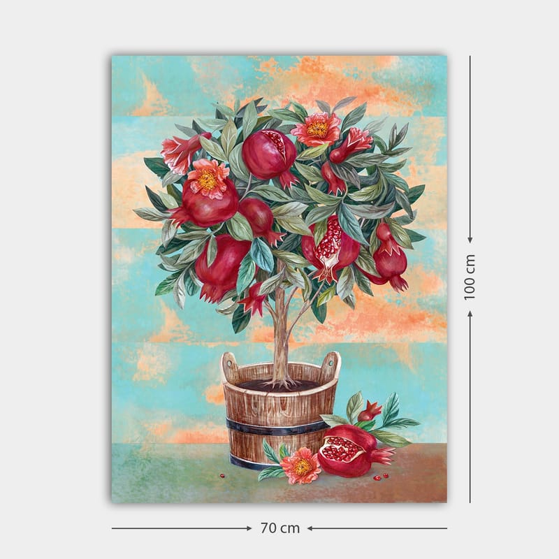 Lerretsbilde 70x100 cm - Et frukttre med granatepler og blomster i en trepotte - Rød / Grønn / Brun - Interiør - Maleri & posters - Lerretsbilder