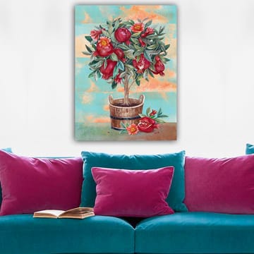 Lerretsbilde 70x100 cm - Et frukttre med granatepler og blomster i en trepotte - Rød / Grønn / Brun - Interiør - Maleri & posters - Lerretsbilder