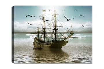 Lerretsbilde 70x100 cm - Et gammelt seilskip som navigerer gjennom rolige farvann under en lys himmel - Blå / Grå / Brun - Interiør - Maleri & posters - Lerretsbilder