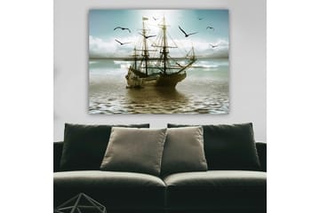 Lerretsbilde 70x100 cm - Et gammelt seilskip som navigerer gjennom rolige farvann under en lys himmel - Blå / Grå / Brun - Interiør - Maleri & posters - Lerretsbilder