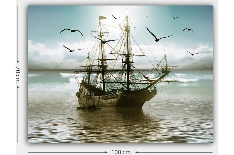 Lerretsbilde 70x100 cm - Et gammelt seilskip som navigerer gjennom rolige farvann under en lys himmel - Blå / Grå / Brun - Interiør - Maleri & posters - Lerretsbilder