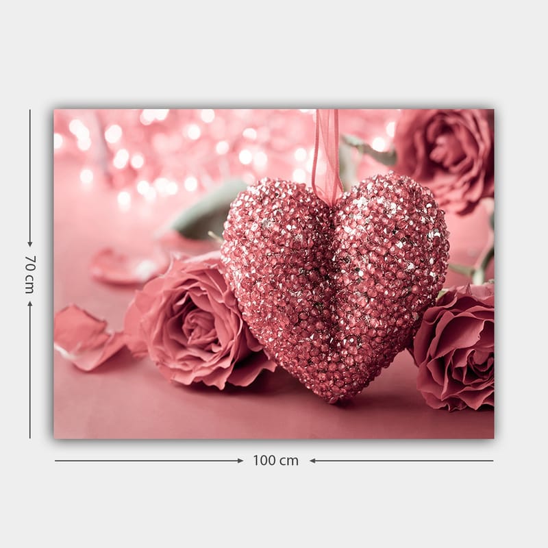 Lerretsbilde 70x100 cm - Et glitrende hjerte omgitt av rosa roser - Rosa / Mørk rosa - Interiør - Maleri & posters - Lerretsbilder