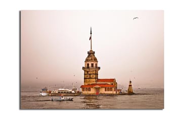 Lerretsbilde 70x100 cm - Et historisk fyrtårn som stiger over vannet i en tåkete atmosfære - Beige / Oransje / Brun - Interiør - Maleri & posters - Lerretsbilder