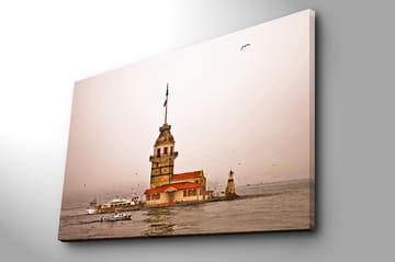 Lerretsbilde 70x100 cm - Et historisk fyrtårn som stiger over vannet i en tåkete atmosfære - Beige / Oransje / Brun - Interiør - Maleri & posters - Lerretsbilder