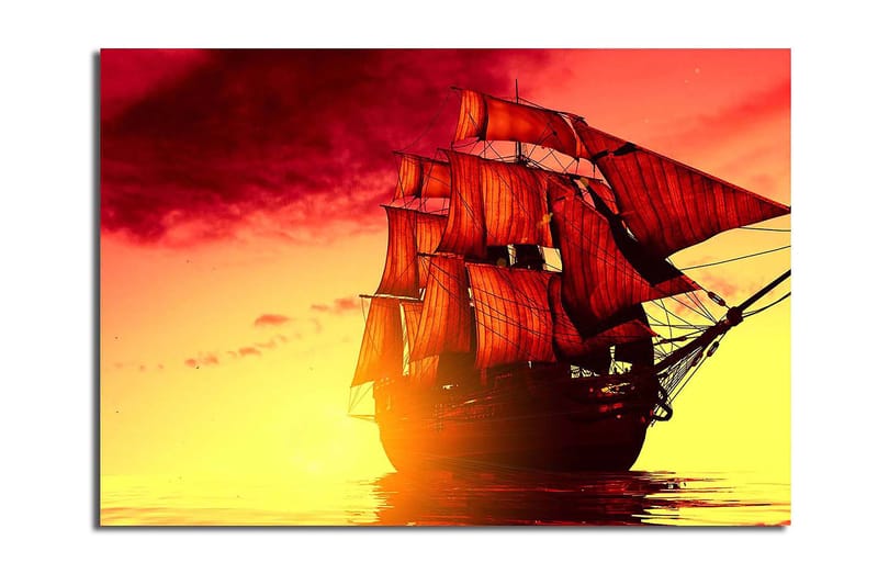 Lerretsbilde 70x100 cm - Et majestetisk seilskip med røde seil som navigerer gjennom en gyllen solnedgang, Rød / Oransje / Gul
