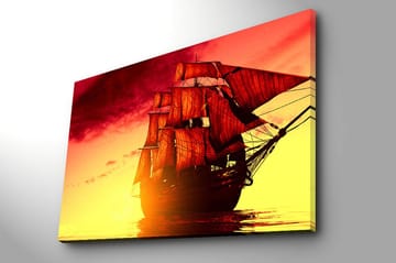Lerretsbilde 70x100 cm - Et majestetisk seilskip med røde seil som navigerer gjennom en gyllen solnedgang - Rød / Oransje / Gul - Interiør - Maleri & posters - Lerretsbilder