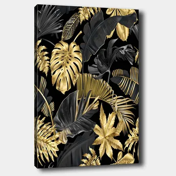 Lerretsbilde 70x100 cm - Et stilisert mønster av tropiske planter i gull og svart - Gull / Svart / Mørkegrønn - Interiør - Maleri & posters - Lerretsbilder