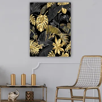 Lerretsbilde 70x100 cm - Et stilisert mønster av tropiske planter i gull og svart - Gull / Svart / Mørkegrønn - Interiør - Maleri & posters - Lerretsbilder