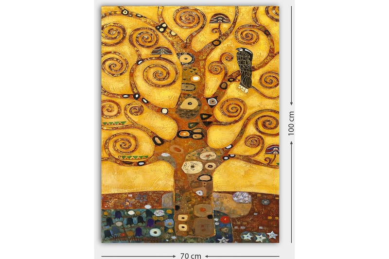 Lerretsbilde 70x100 cm - Et stilisert tre med virvlende grener og en fugl, mot en gyllen bakgrunn - Gull / Brun / Svart - Interiør - Maleri & posters - Lerretsbilder