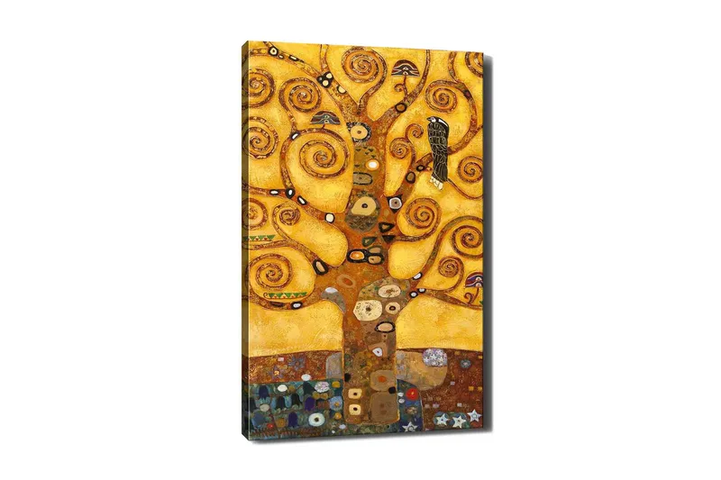 Lerretsbilde 70x100 cm - Et stilisert tre med virvlende grener og en fugl, mot en gyllen bakgrunn, Gull / Brun / Svart