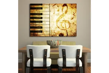 Lerretsbilde 70x100 cm - Et stilisert piano-keyboard med noter i et vintage-inspirert design - Gull / Brun / Svart - Interiør - Maleri & posters - Lerretsbilder