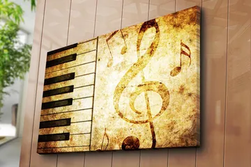 Lerretsbilde 70x100 cm - Et stilisert piano-keyboard med noter i et vintage-inspirert design - Gull / Brun / Svart - Interiør - Maleri & posters - Lerretsbilder