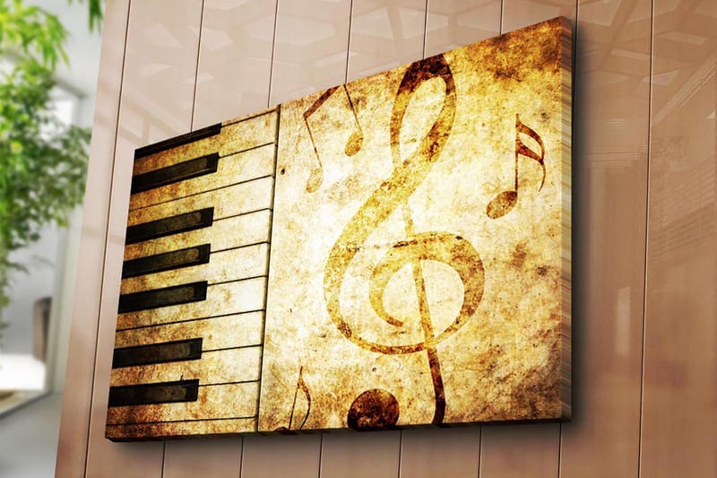 Lerretsbilde 70x100 cm - Et stilisert piano-keyboard med noter i et vintage-inspirert design - Gull / Brun / Svart - Interiør - Maleri & posters - Lerretsbilder