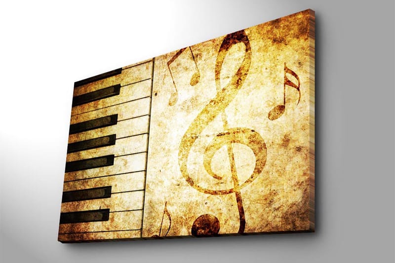 Lerretsbilde 70x100 cm - Et stilisert piano-keyboard med noter i et vintage-inspirert design - Gull / Brun / Svart - Interiør - Maleri & posters - Lerretsbilder