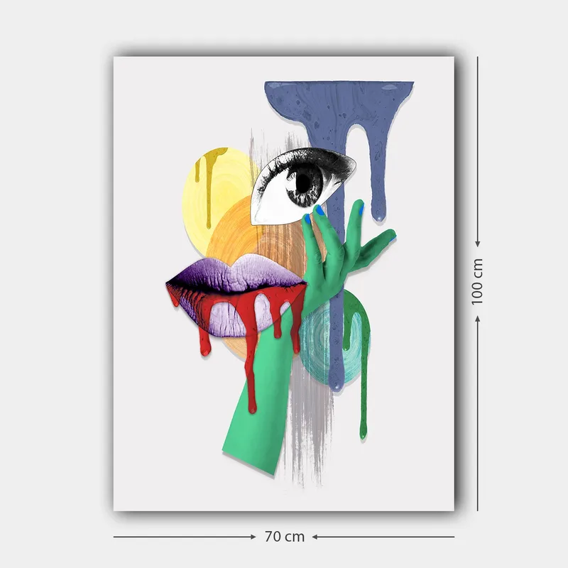 Lerretsbilde 70x100 cm - Et surrealistisk portrett med et øye, lepper og en hånd i livlige farger - Grønn / Lilla / Rød - Interiør - Maleri & posters - Lerretsbilder