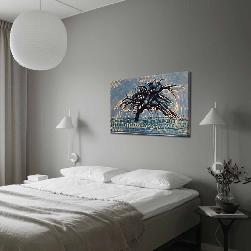 Lerretsbilde 70x100 cm - Et vindrammet tre mot en blå himmel - Blå / Svart / Beige - Interiør - Maleri & posters - Lerretsbilder