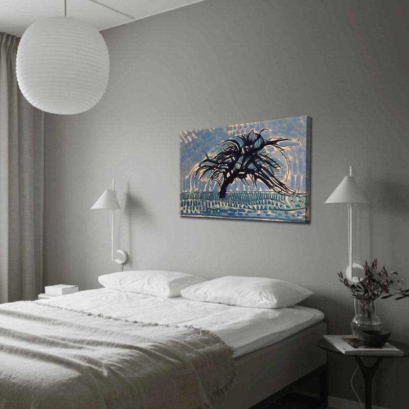 Lerretsbilde 70x100 cm - Et vindrammet tre mot en blå himmel - Blå / Svart / Beige - Interiør - Maleri & posters - Lerretsbilder