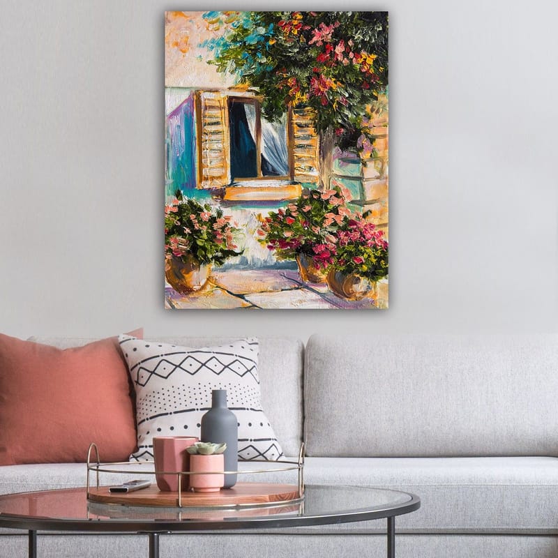 Lerretsbilde 70x100 cm - Et vindu med åpne persienner omgitt av blomster i potter - Grønn / Rosa / Beige - Interiør - Maleri & posters - Lerretsbilder