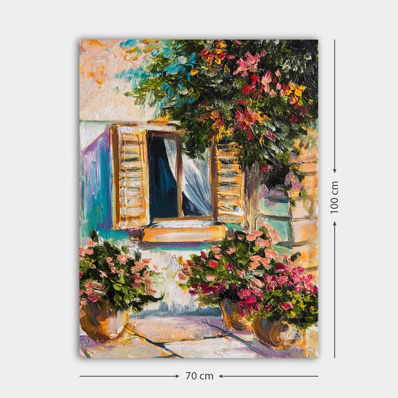 Lerretsbilde 70x100 cm - Et vindu med åpne persienner omgitt av blomster i potter - Grønn / Rosa / Beige - Interiør - Maleri & posters - Lerretsbilder