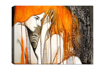 Lerretsbilde 70x100 cm - Følelsesmessig skildring av to kvinner som uttrykker intimitet og sårbarhet - Oransje / Svart / Grå - Interiør - Maleri & posters - Lerretsbilder