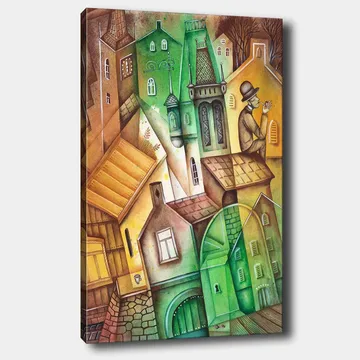 Lerretsbilde 70x100 cm - Fantasifullt bybilde med forvrengte hus og en mann i hatt som står og ser på omgivelsene - Grønn / Brun / Gul - Interiør - Maleri & posters - Lerretsbilder