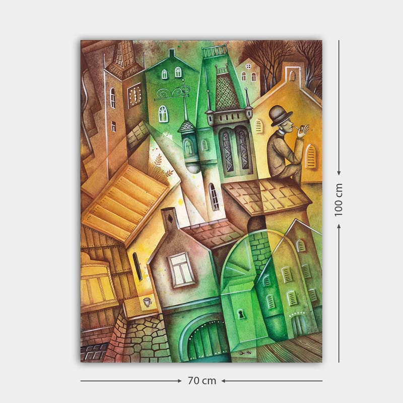 Lerretsbilde 70x100 cm - Fantasifullt bybilde med forvrengte hus og en mann i hatt som står og ser på omgivelsene - Grønn / Brun / Gul - Interiør - Maleri & posters - Lerretsbilder