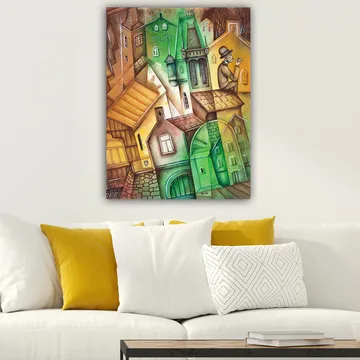 Lerretsbilde 70x100 cm - Fantasifullt bybilde med forvrengte hus og en mann i hatt som står og ser på omgivelsene - Grønn / Brun / Gul - Interiør - Maleri & posters - Lerretsbilder