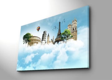 Lerretsbilde 70x100 cm - Fantasifullt landskap med berømte bygninger som svever blant skyer - Blå / Grønn / Hvit - Interiør - Maleri & posters - Lerretsbilder