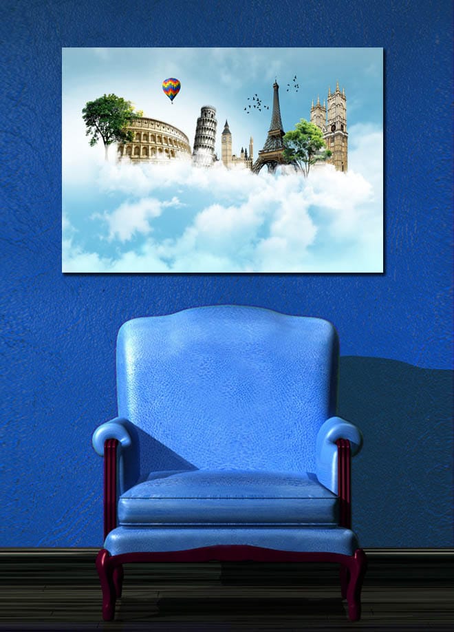Lerretsbilde 70x100 cm - Fantasifullt landskap med berømte bygninger som svever blant skyer - Blå / Grønn / Hvit - Interiør - Maleri & posters - Lerretsbilder