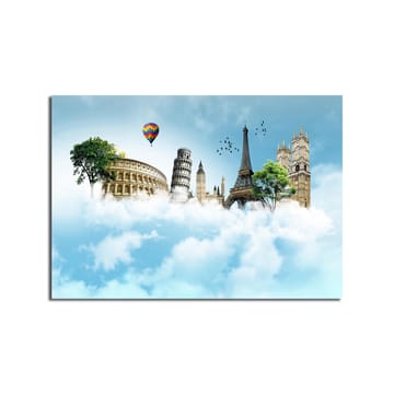 Lerretsbilde 70x100 cm - Fantasifullt landskap med berømte bygninger som svever blant skyer - Blå / Grønn / Hvit - Interiør - Maleri & posters - Lerretsbilder