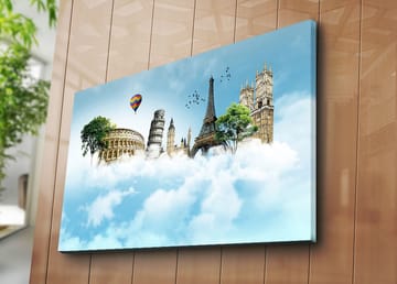 Lerretsbilde 70x100 cm - Fantasifullt landskap med berømte bygninger som svever blant skyer - Blå / Grønn / Hvit - Interiør - Maleri & posters - Lerretsbilder