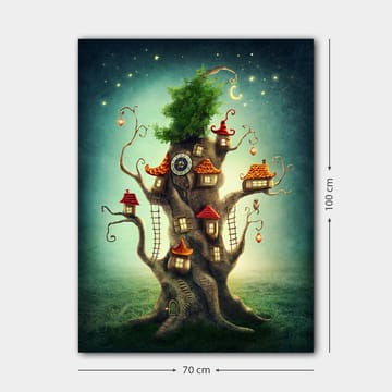 Lerretsbilde 70x100 cm - Fantasifullt trebilde med små hus og en frodig krone - Brun / Grønn / Rød - Interiør - Maleri & posters - Lerretsbilder
