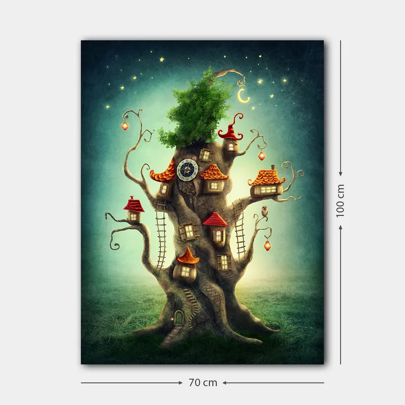 Lerretsbilde 70x100 cm - Fantasifullt trebilde med små hus og en frodig krone - Brun / Grønn / Rød - Interiør - Maleri & posters - Lerretsbilder