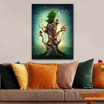 Lerretsbilde 70x100 cm - Fantasifullt trebilde med små hus og en frodig krone - Brun / Grønn / Rød - Interiør - Maleri & posters - Lerretsbilder