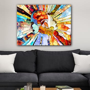 Lerretsbilde 70x100 cm - Fargerik abstrakt fremstilling av to ansikter som symboliserer samhørighet og kommunikasjon - Rød / Blå / Oransje - Interiør - Maleri & posters - Lerretsbilder