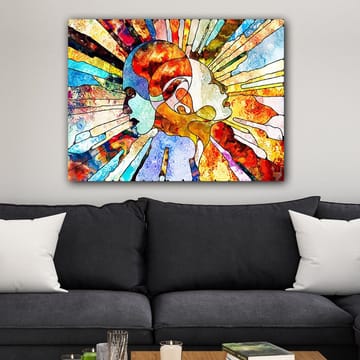 Lerretsbilde 70x100 cm - Fargerik abstrakt fremstilling av to ansikter som symboliserer samhørighet og kommunikasjon - Rød / Blå / Oransje - Interiør - Maleri & posters - Lerretsbilder