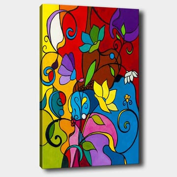 Lerretsbilde 70x100 cm - Fargerik abstrakt komposisjon med blomster og skriftruller som skaper en levende atmosfære - Rød / Blå / Gul - Interiør - Maleri & posters - Lerretsbilder