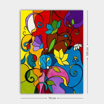 Lerretsbilde 70x100 cm - Fargerik abstrakt komposisjon med blomster og skriftruller som skaper en levende atmosfære - Rød / Blå / Gul - Interiør - Maleri & posters - Lerretsbilder