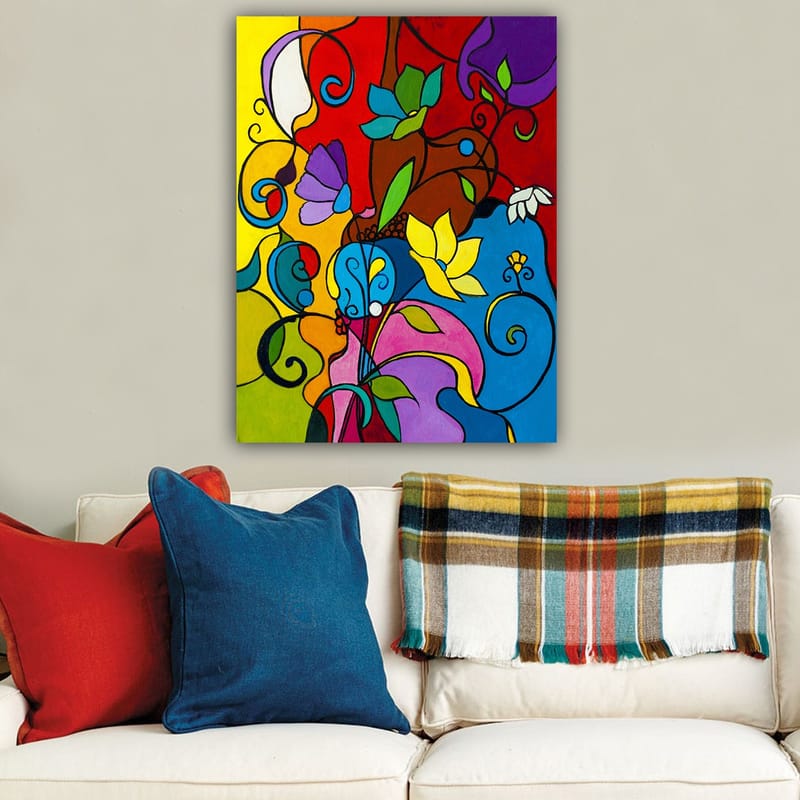 Lerretsbilde 70x100 cm - Fargerik abstrakt komposisjon med blomster og skriftruller som skaper en levende atmosfære - Rød / Blå / Gul - Interiør - Maleri & posters - Lerretsbilder