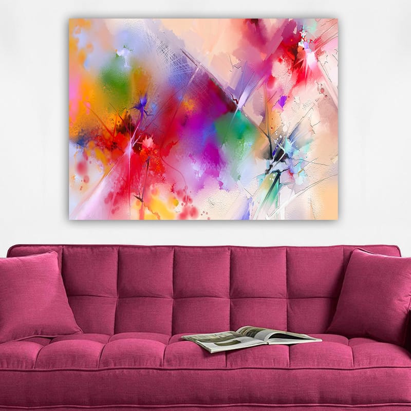 Lerretsbilde 70x100 cm - Fargerik abstrakt komposisjon med dynamiske former og livlige farger - Rød / Lilla / Grønn - Interiør - Maleri & posters - Lerretsbilder