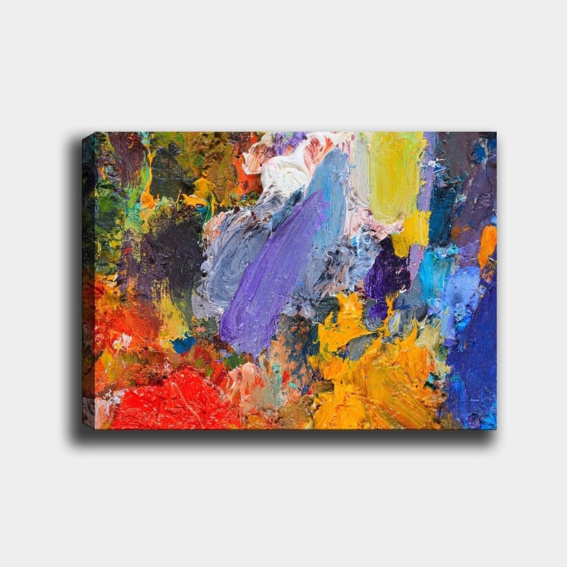 Lerretsbilde 70x100 cm - Fargerik abstrakt komposisjon med dynamiske penselstrøk og livlige fargetoner, Lilla / Oransje / Rød