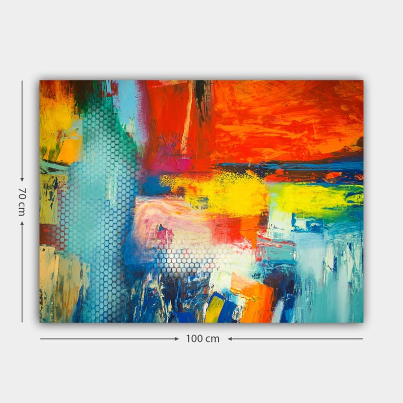 Lerretsbilde 70x100 cm - Fargerik abstrakt komposisjon med elementer av rødt, blått og gult som skaper en dynamisk følelse - Rød / Blå / Gul - Interiør - Maleri & posters - Lerretsbilder